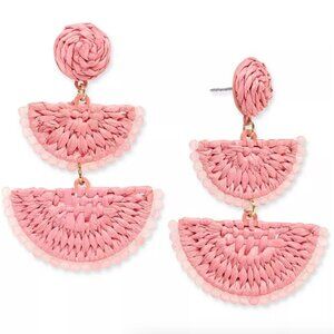 On 34th Raffia Drop Earrings Gold Tone Stone Bead & Woven NWT